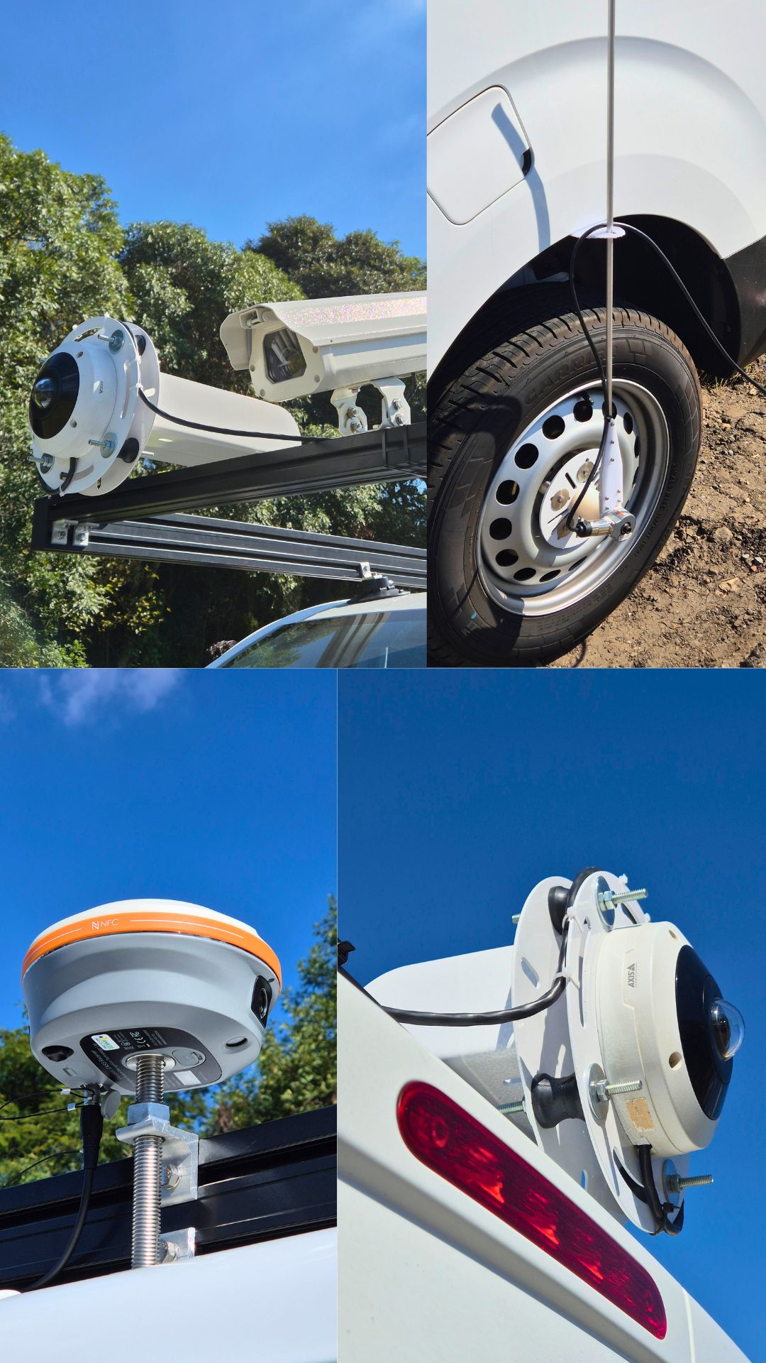 Veículo com câmeras, receptor GNSS e odômetro realizando videorregistro georreferenciado.